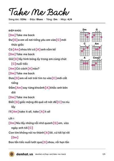 Hợp âm Take Me Back (52Hz) – bản nhạc PDF trang 1, tông Dm