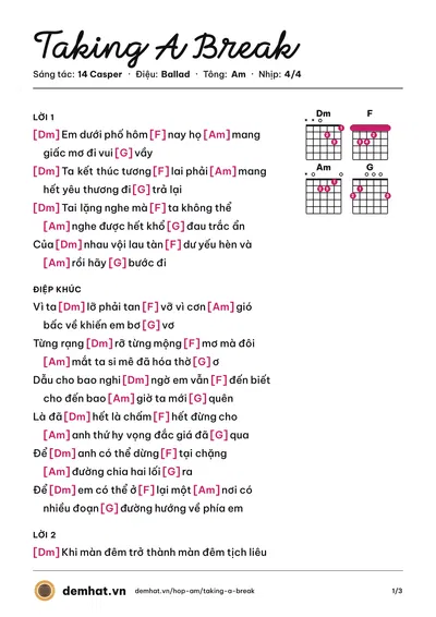 Hợp âm Taking A Break (14 Casper) – bản nhạc PDF trang 1, tông Am
