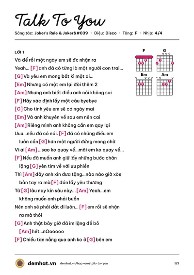 Hợp âm Talk To You (Joker's Rule) – bản nhạc PDF trang 1, tông F