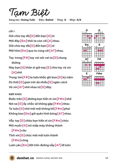 Hợp âm Tạm Biệt (Quang Vinh) – bản nhạc PDF trang 1, tông D