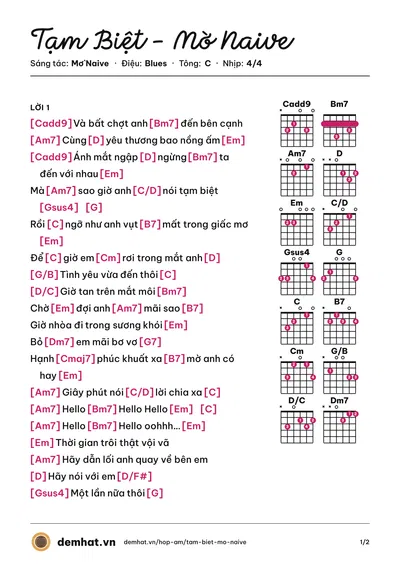 Hợp âm Tạm Biệt - Mờ Naive (Mờ Naive) – bản nhạc PDF trang 1, tông C