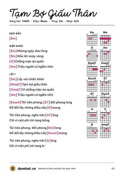 Hợp âm Tạm Bợ Giấu Thân (THỨC) – bản nhạc PDF trang 1, tông Em