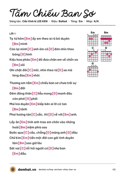 Hợp âm Tấm Chiếu Ban Sơ (LEE KEN) – bản nhạc PDF trang 1, tông Em