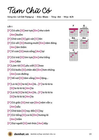 Hợp âm Tám Chữ Có (Lê Cát Trọng Lý) – bản nhạc PDF trang 1, tông Am