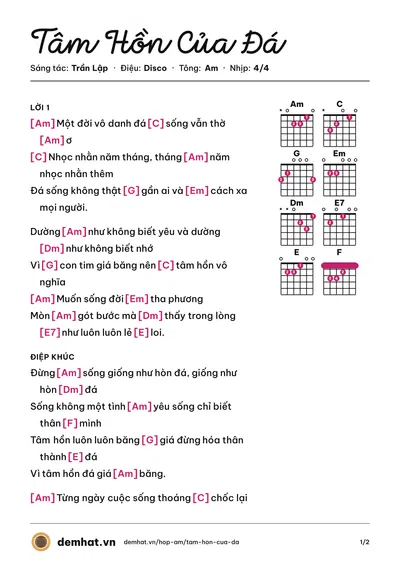 Hợp âm Tâm Hồn Của Đá (Bức Tường) – bản nhạc PDF trang 1, tông Am