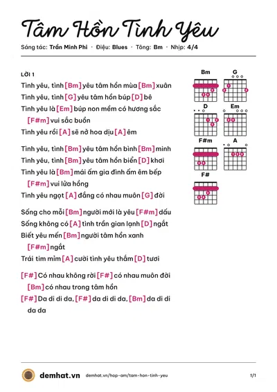 Hợp âm Tâm Hồn Tình Yêu (Mắt Ngọc) – bản nhạc PDF trang 1, tông Bm