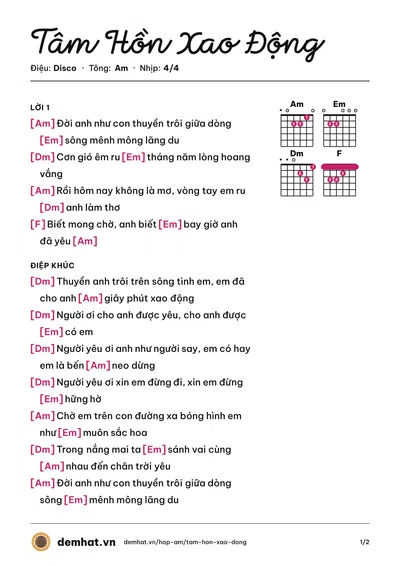 Hợp âm Tâm Hồn Xao Động (Đan Trường) – bản nhạc PDF trang 1, tông Am