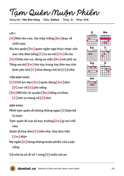 Hợp âm Tạm Quên Muộn Phiền (Văn Đức Hùng) – bản nhạc PDF trang 1, tông G