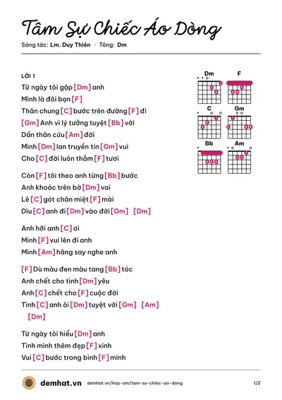 Hợp âm Tâm Sự Chiếc Áo Dòng (Cao Duy) – bản nhạc PDF trang 1, tông Dm
