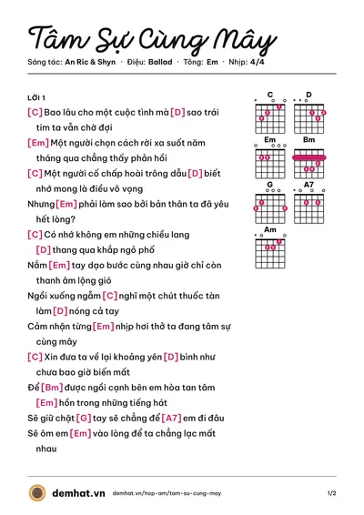 Hợp âm Tâm Sự Cùng Mây (An Ric) – bản nhạc PDF trang 1, tông Em