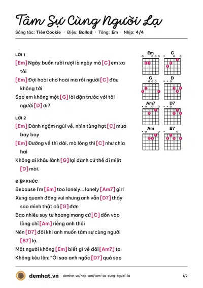 Hợp âm Tâm Sự Cùng Người Lạ (Tiên Cookie) – bản nhạc PDF trang 1, tông Em