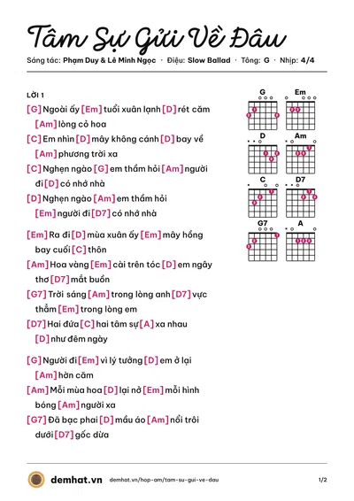 Hợp âm Tâm Sự Gửi Về Đâu (Tuấn Ngọc) – bản nhạc PDF trang 1, tông G