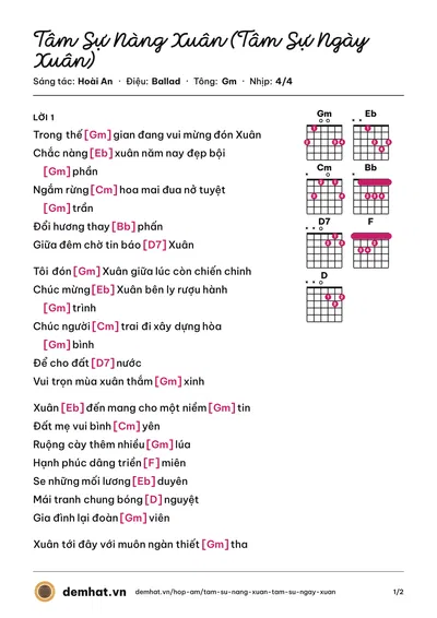 Hợp âm Tâm Sự Nàng Xuân (Tâm Sự Ngày Xuân) (Như Quỳnh) – bản nhạc PDF trang 1, tông Gm