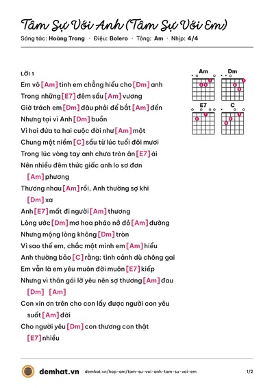 Hợp âm Tâm Sự Với Anh (Tâm Sự Với Em) (Trường Vũ) – bản nhạc PDF trang 1, tông Am