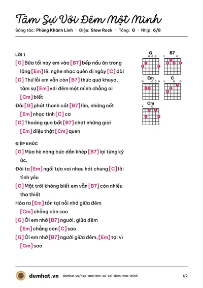 Hợp âm Tâm Sự Với Đêm Một Mình (Phùng Khánh Linh) – bản nhạc PDF trang 1, tông G
