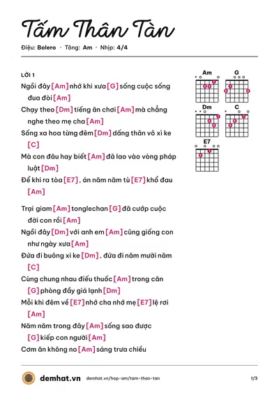 Hợp âm Tấm Thân Tàn (Tự do) – bản nhạc PDF trang 1, tông Am