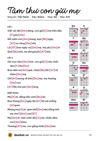Hợp âm Tâm thư con gửi mẹ (Tiến Thành) – bản nhạc PDF trang 1, tông Dm