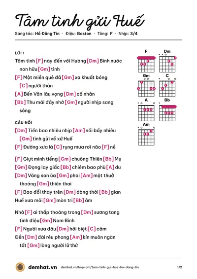 Hợp âm Tâm tình gửi Huế (Vân Khánh) – bản nhạc PDF trang 1, tông F