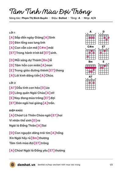 Hợp âm Tâm Tình Mùa Đợi Trông (Mai Nhung) – bản nhạc PDF trang 1, tông A