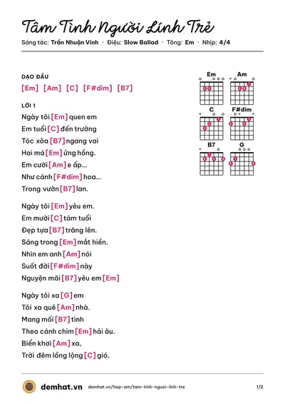 Hợp âm Tâm Tình Người Lính Trẻ (Vân Trường) – bản nhạc PDF trang 1, tông Em