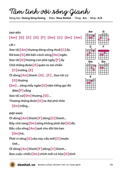 Hợp âm Tâm tình với sông Gianh (Hùng Cường) – bản nhạc PDF trang 1, tông Am