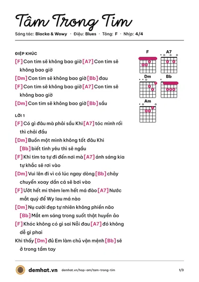 Hợp âm Tâm Trong Tim (Wowy) – bản nhạc PDF trang 1, tông F