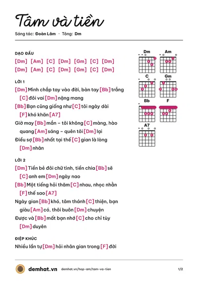 Hợp âm Tâm và tiền (Đoàn Lâm) – bản nhạc PDF trang 1, tông Dm