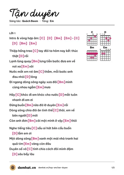 Hợp âm Tận duyên (Quách Beem) – bản nhạc PDF trang 1, tông Em