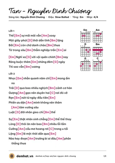 Hợp âm Tan - Nguyễn Đình Chương (Nguyễn Đình Chương) – bản nhạc PDF trang 1, tông Em
