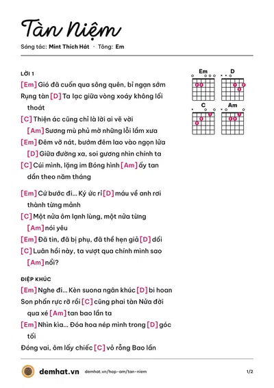 Hợp âm Tàn Niệm (Mint Thích Hát) – bản nhạc PDF trang 1, tông Em