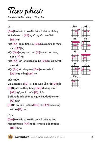 Hợp âm Tàn phai (Lê Uyên) – bản nhạc PDF trang 1, tông Dm
