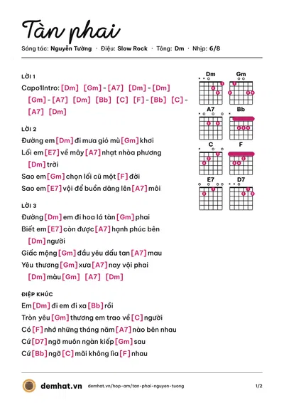 Hợp âm Tàn phai (Duy Long) – bản nhạc PDF trang 1, tông Dm