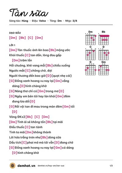 Hợp âm Tàn sữa (Hùng) – bản nhạc PDF trang 1, tông Dm