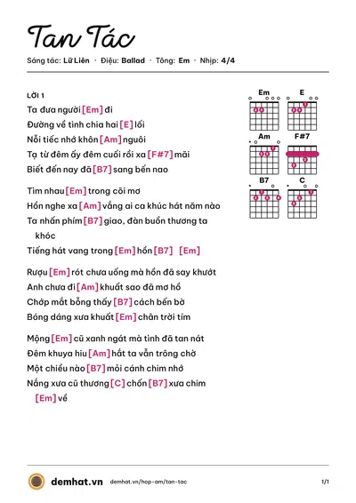 Hợp âm Tan Tác (Ngọc Lan) – bản nhạc PDF trang 1, tông Em