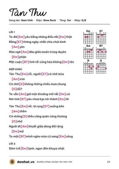 Hợp âm Tàn Thu (Nam Vĩnh) – bản nhạc PDF trang 1, tông Em