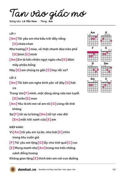 Hợp âm Tan vào giấc mơ (Lê Yến Hoa) – bản nhạc PDF trang 1, tông Am
