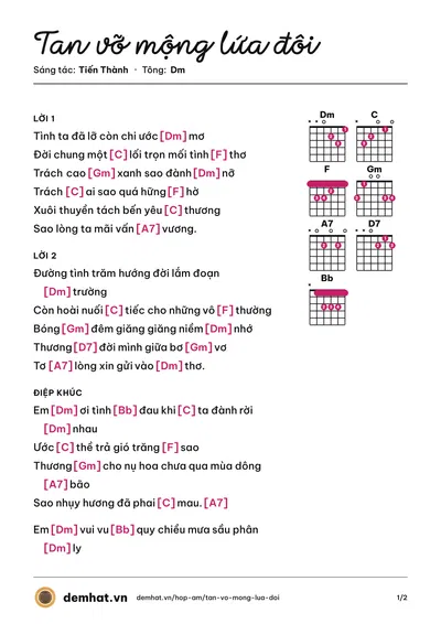 Hợp âm Tan vỡ mộng lứa đôi (Tiến Thành) – bản nhạc PDF trang 1, tông Dm