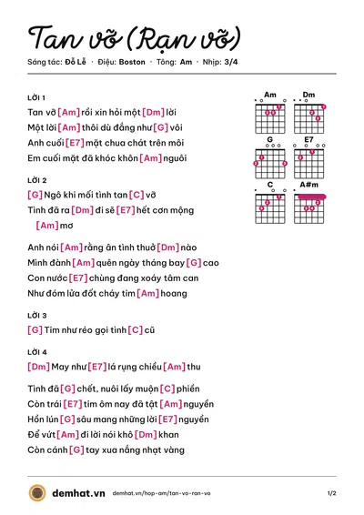 Hợp âm Tan vỡ (Rạn vỡ) (Thanh Lan (trước 75)) – bản nhạc PDF trang 1, tông Am