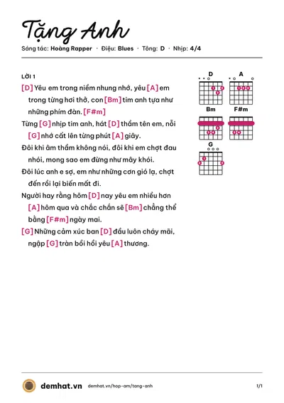 Hợp âm Tặng Anh (Mi Lan) – bản nhạc PDF trang 1, tông D