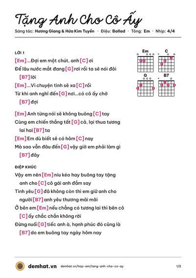 Hợp âm Tặng Anh Cho Cô Ấy (Hương Giang) – bản nhạc PDF trang 1, tông Em
