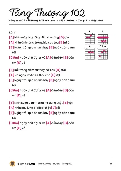 Hợp âm Tầng Thượng 102 (Cá Hồi Hoang) – bản nhạc PDF trang 1, tông E