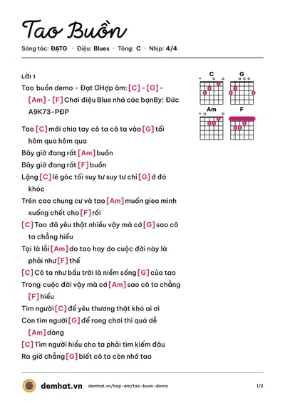 Hợp âm Tao Buồn (ĐẠTG) – bản nhạc PDF trang 1, tông C