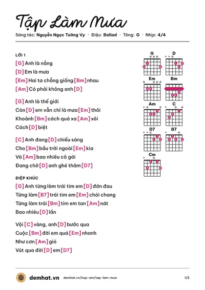 Hợp âm Tập Làm Mưa (Nguyễn Ngọc Tường Vy) – bản nhạc PDF trang 1, tông G