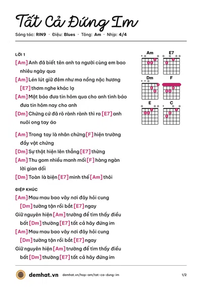 Hợp âm Tất Cả Đứng Im (Ngô Kiến Huy) – bản nhạc PDF trang 1, tông Am