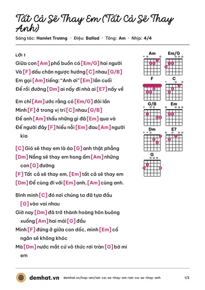 Hợp âm Tất Cả Sẽ Thay Em (Tất Cả Sẽ Thay Anh) (Phạm Quỳnh Anh) – bản nhạc PDF trang 1, tông Am