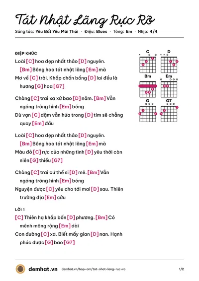Hợp âm Tát Nhật Lãng Rực Rỡ (Fanny Trần) – bản nhạc PDF trang 1, tông Em