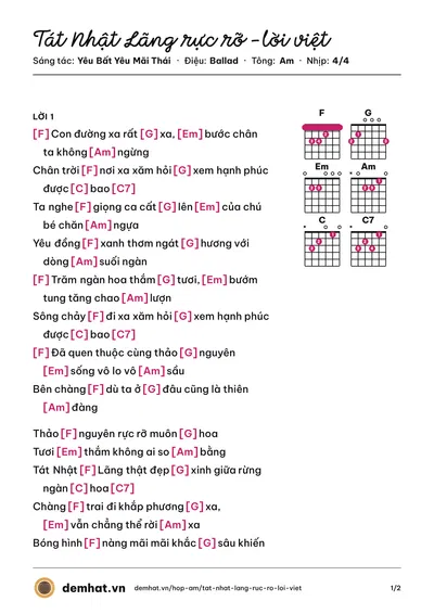 Hợp âm Tát Nhật Lãng rực rỡ -lời việt (Yêu Bất Yêu Mãi Thái) – bản nhạc PDF trang 1, tông Am