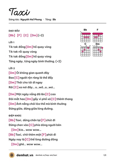 Hợp âm Taxi (Thu Minh) – bản nhạc PDF trang 1, tông Bb
