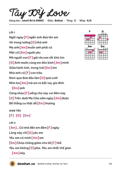 Hợp âm Tây KỲ Love (SINIKE) – bản nhạc PDF trang 1, tông C