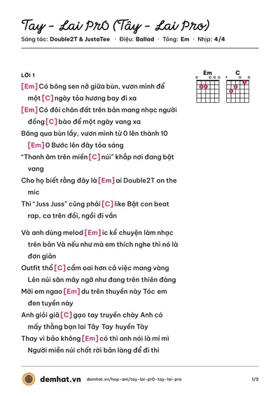 Hợp âm Tay - Lai Pr0 (Tây - Lai Pro) (Double2T) – bản nhạc PDF trang 1, tông Em